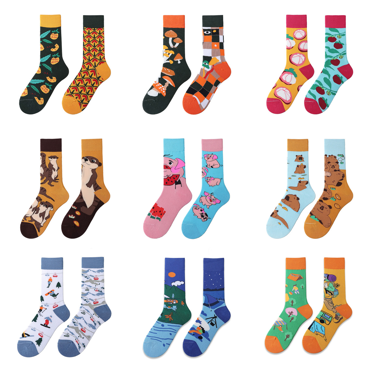 Women's Mid-Calf Socks for Outerwear, Trendy Autumn Long Socks, Ab Asymmetrical Mismatched Socks, Sports Casual Men's Socks, Cartoon Cotton Socks