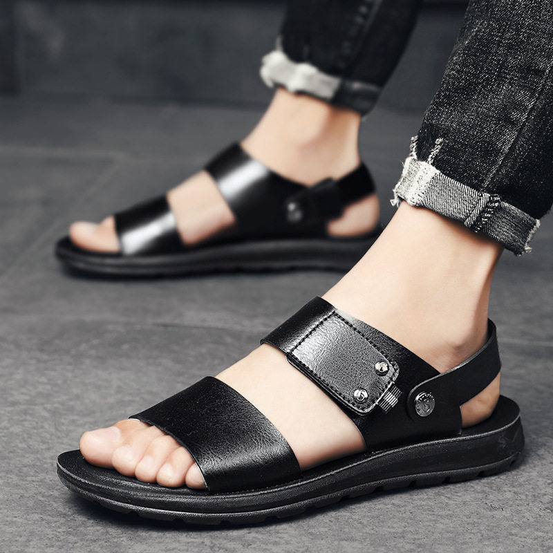 Dép sandal nam cao cấp hở ngón, quai da thoáng khí chống trơn trượt đi biển, đi ngoài trời — Màu xanh đậm trên nền nâu, Nền nâu vàng nâu, Nền nâu, nâu đậm., nền nâu đen