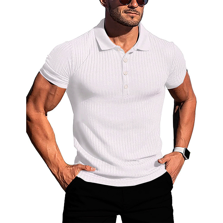 Men's Running Sports Fitness Suit Summer High Elastic Vertical Strip Short-sleeved Polo Shirt Slim-fit Knitted Base Shirt