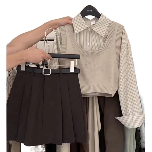 Spring and Autumn Gentle Style Women's Korean Version Youthful Blouse Matching Vest High-Waist Short Skirt Three-Piece Set