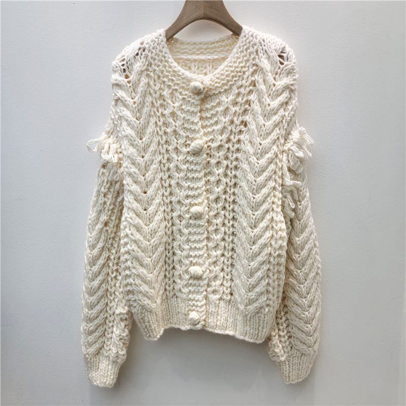 Productos europeos retrógrados franceses mano gruesa aguja de cuello redondo torsión jersey cardigán chaqueta tridimensional suéter con bordas chaqueta