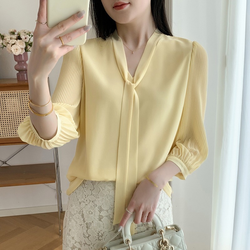 Weiyang 実用的な職場気質ストリーマーシャツ女性の夏の新しい通気性のあるドレープニッチデザイントップ|undefined