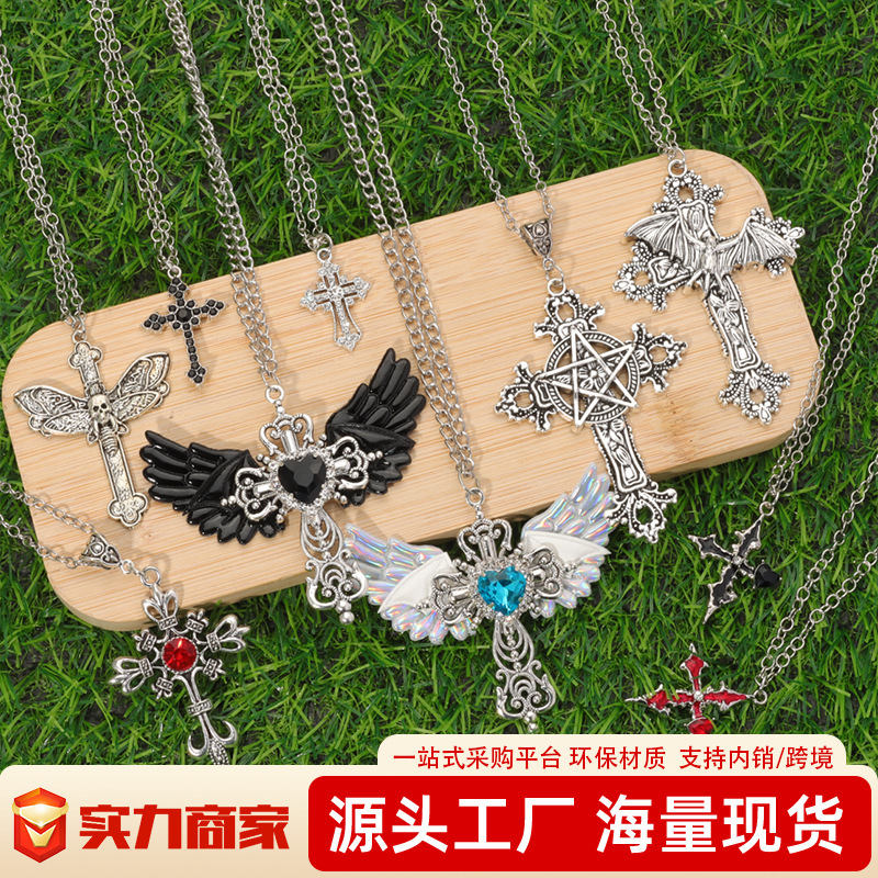 European and American Cross-Border Jewelry Dark Punk Wings Heart Dragonfly Bat Cross Five-Pointed Star Color Diamond Silver Chain Niche European and American Cross-Border Jewelry Dark Punk Wings Heart Dragonfly Bat Cross Five-Pointed Star Color Diamond Silver Chain Niche