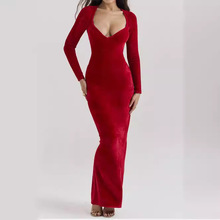 2024年跨境新款红色韩国绒长袖款修身性感晚礼服适合各种聚会日常