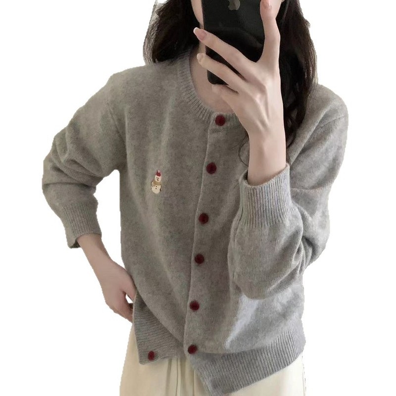 韩系慵懒风宽松刺绣小熊毛衣外套胖mm2025年冬大码甜美针织开衫女|undefined