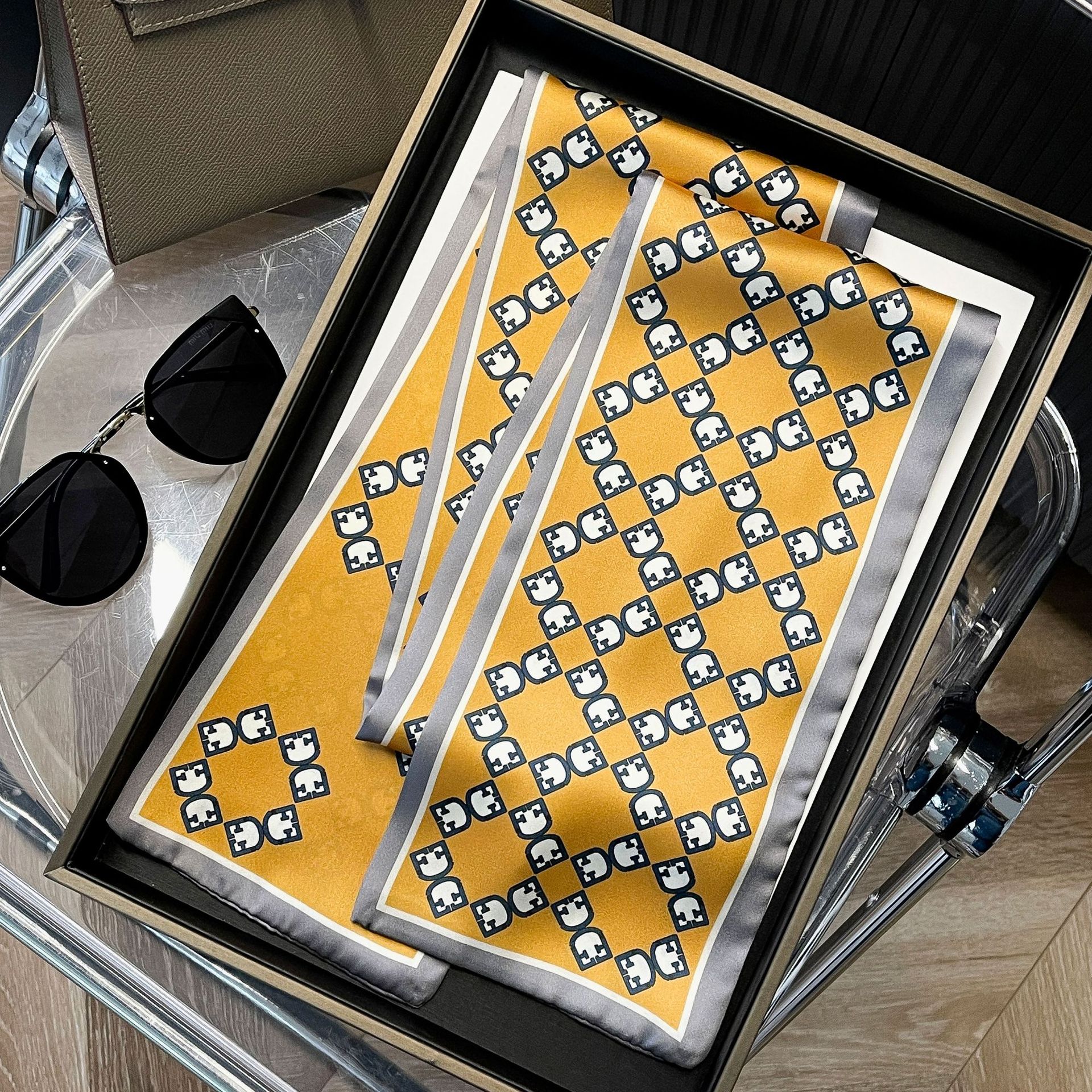 Seidenschal im Damenstil, koreanische Version, doppelseitig, 2022, simulierte Seide, Geometrie, Druckband, modisch, vielseitig_voghion.com