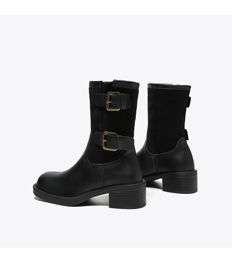 Vintage high-heeled booties Women's boots New fall/winter belt buckle mid-calf single boot chunky heel boots_voghion.com