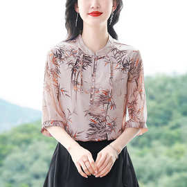 新中式国风雪纺衫短袖女士夏季新款复古气质减龄小衫别致盘扣上衣