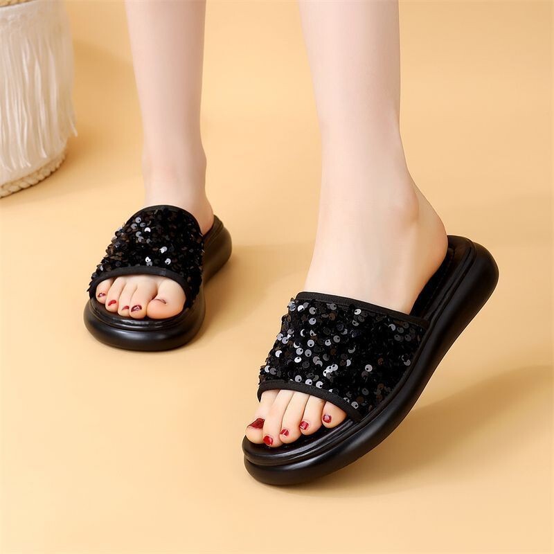 Cross-Border Hot Sale] Korean Style Thick-Soled Sequined Sandals for Outer Wear with Skirt Sandals 2025 New Summer Beach Shoes