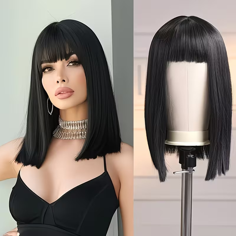 Cross-Border European and American Style Matte Black Thick Straight Bob Wig with Smooth, Straight Hair and Breathable Mesh Cap Cross-Border European and American Style Matte Black Thick Straight Bob Wig with Smooth, Straight Hair and Breathable Mesh Cap