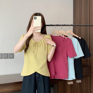 Real shot 2025 summer plus size irregular V-neck shoulder short sleeve T-shirt tie split hollow top 64626