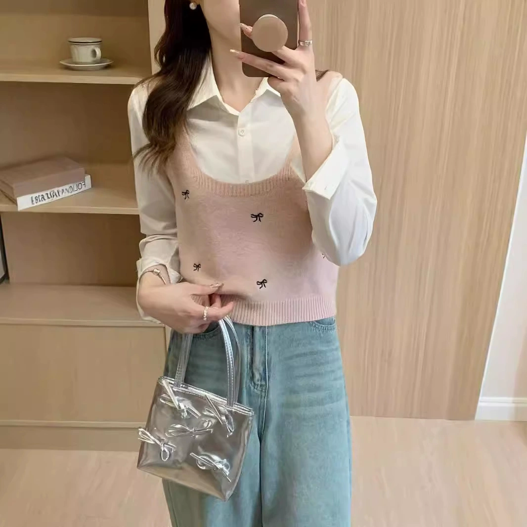 2024 Реальная стрельба простой бантик чувство вязаный маленький жилет подтяжка женский свободный стек короткий вязаный маленький снаружи