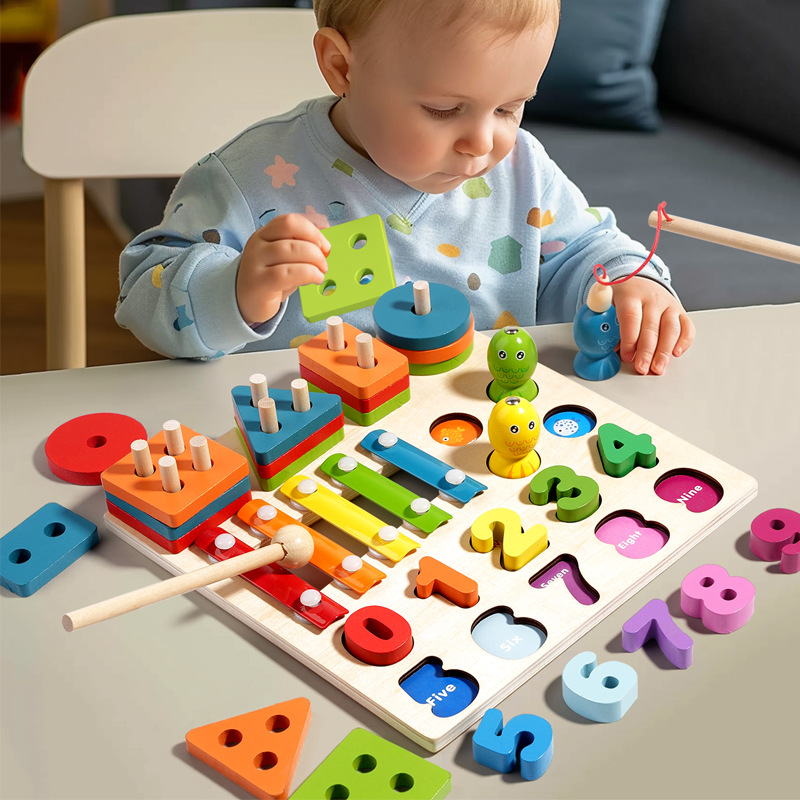 Juguetes de madera para niños transfronterizos, columna de cubierta de pesca, piano, coordinación mano-ojo cuatro en uno, juguetes cognitivos de color