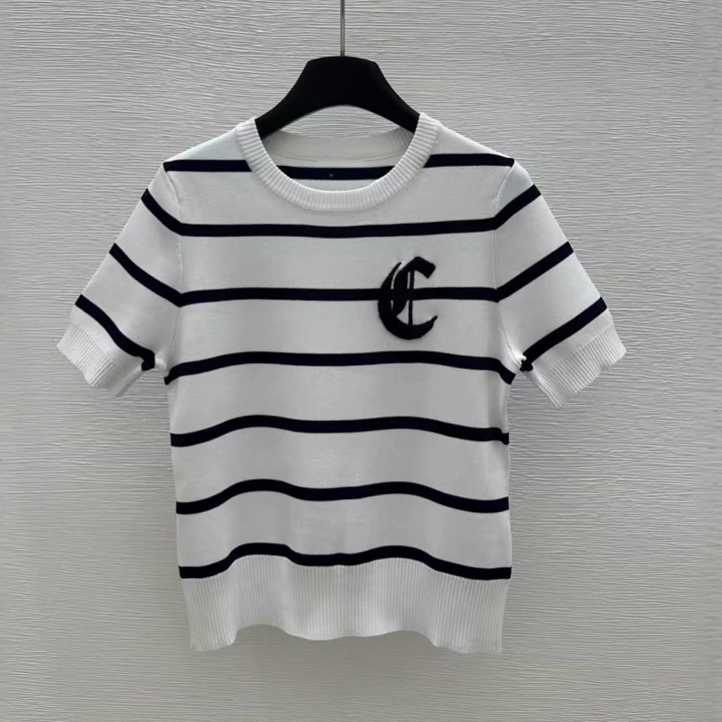 Летний контраст в полоску трикотажный женский темперамент с круглым вырезом короткая нижняя рубашка тонкая короткая топ новая вышивка