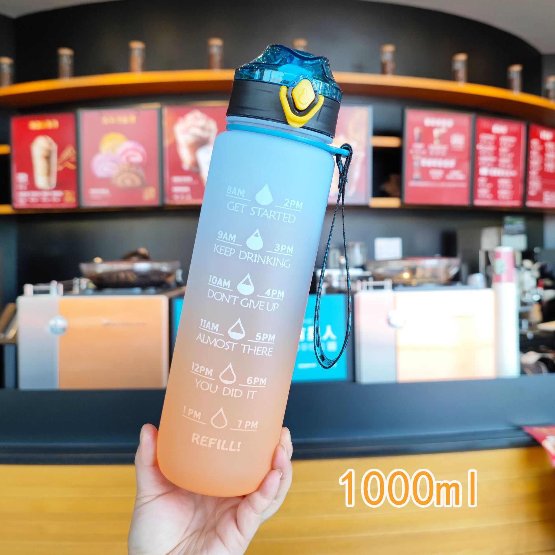 Gran capacidad botella de agua color degradado helado pato paja cuerda portátil deportes al aire libre taza de agua 1000ml