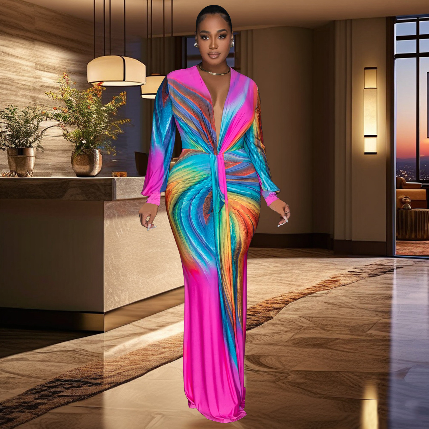 C6952 AliExpress transfronterizo Amazon estación independiente de moda europea y americana ropa de mujer de color plegado vestido casual largo image 5