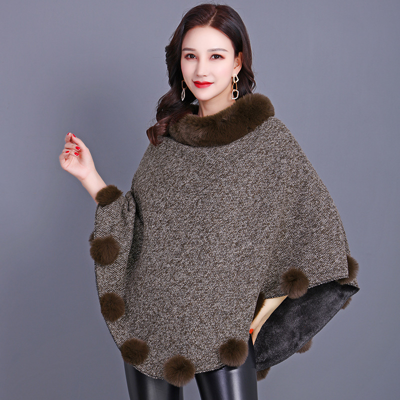 Women's Brown Cape-Style Outerwear with Faux Rabbit Fur, Mid-Length, with Pom-Poms, Winter Warm, Versatile, Thickened