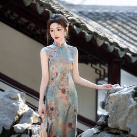 新中式国风油画印花旗袍无袖连衣裙女夏季新款气质显瘦连衣裙日常