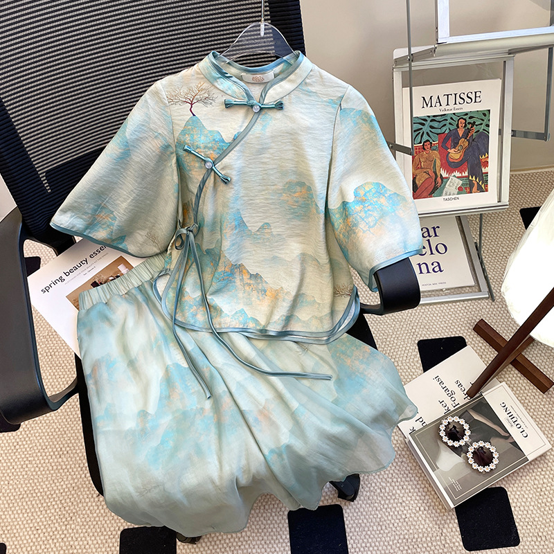 Ladies' Summer Jiangnan Mist Rain Hanfu Set 2024 New Arrival Girl's Chinese Parent-Child Qipao Two-Piece Set National Trend Style