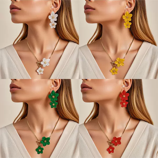 Bohemian Style Double Flower Earrings and Necklace Set, Fresh Lacquered Flower Jewelry, Cross-Border Amazon Best-Selling Accessories