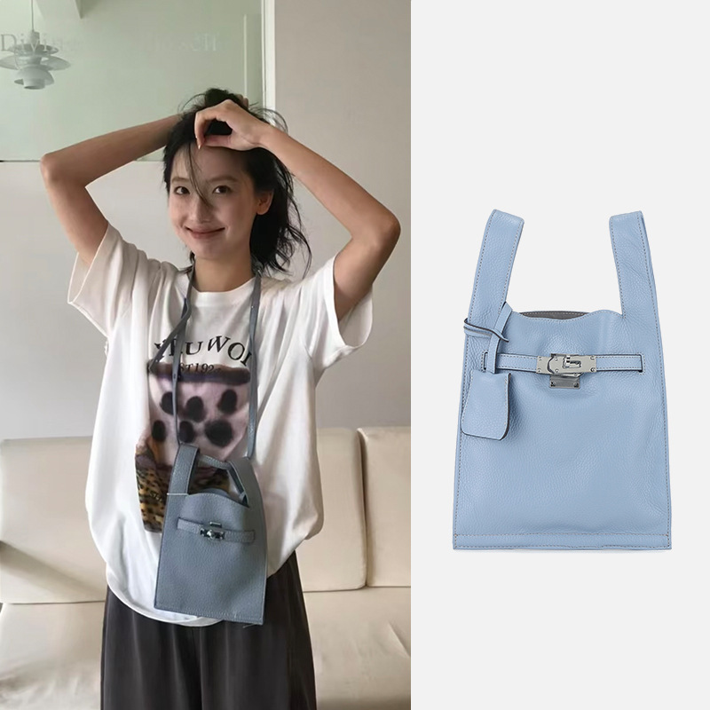 Japanese Niche Litchi Pattern Cowhide Kelly Bag Exquisite Lock Garbage Bag Shoulder Carrying Crossbody Shopping Tote Bag