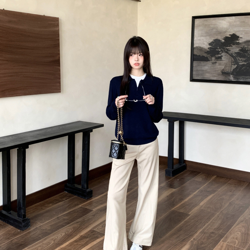 实拍#复古针织POLO衫女早秋百搭设计感小众宽松休闲外穿长袖|undefined