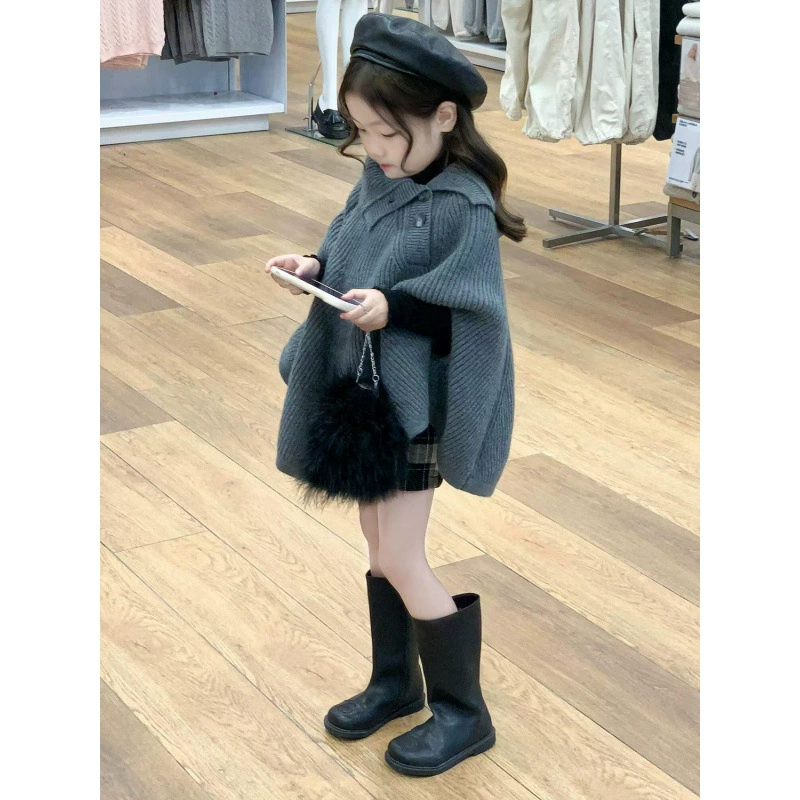 Корейская версия девушки 2024 осень-зима новый серый плащ плащ пальто средней и большой ребенок черно-белый клетчатый костюм юбки