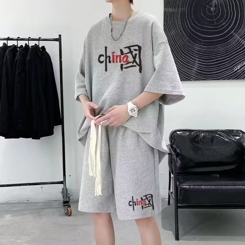 男生港风华夫格套装青少年2024夏季休闲运动服短裤短袖T恤男潮牌