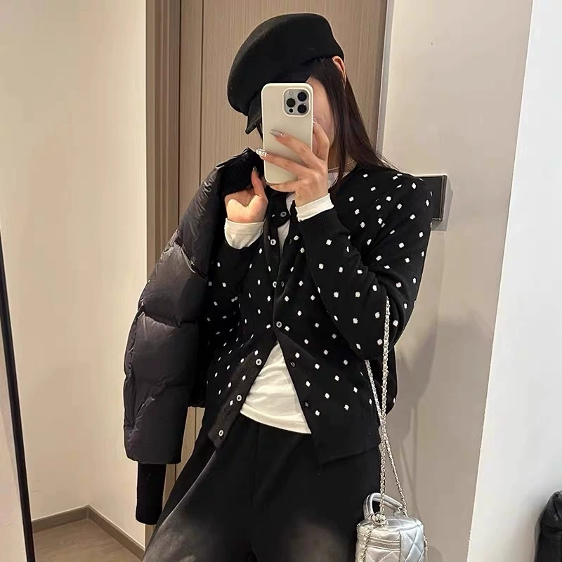 Кардиган демисезон oversized, западный стиль, один размер, вязаный в горошек