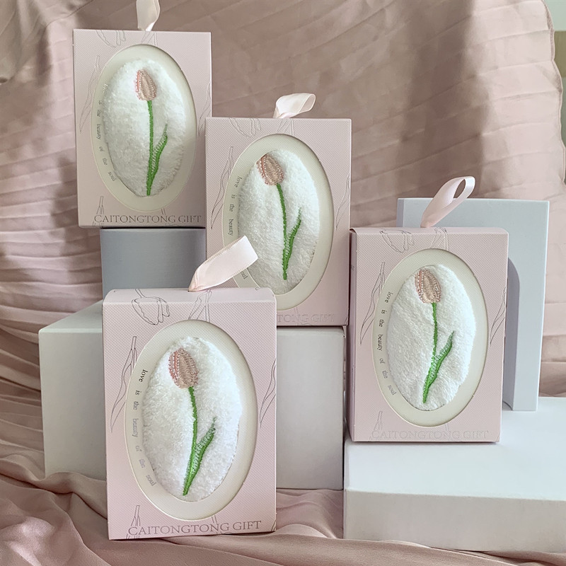 Mother's Day Gift Tulip Embroidered Coral Velvet Wedding Gift Box Souvenir Towel Creative Gift Hand Towel