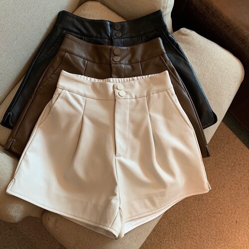 Girls PU Leather Pants Spring and Autumn New Solid Color Casual Short Korean Style Elastic Waist Two Buttons Medium and Big Children Fashion Leather Pants