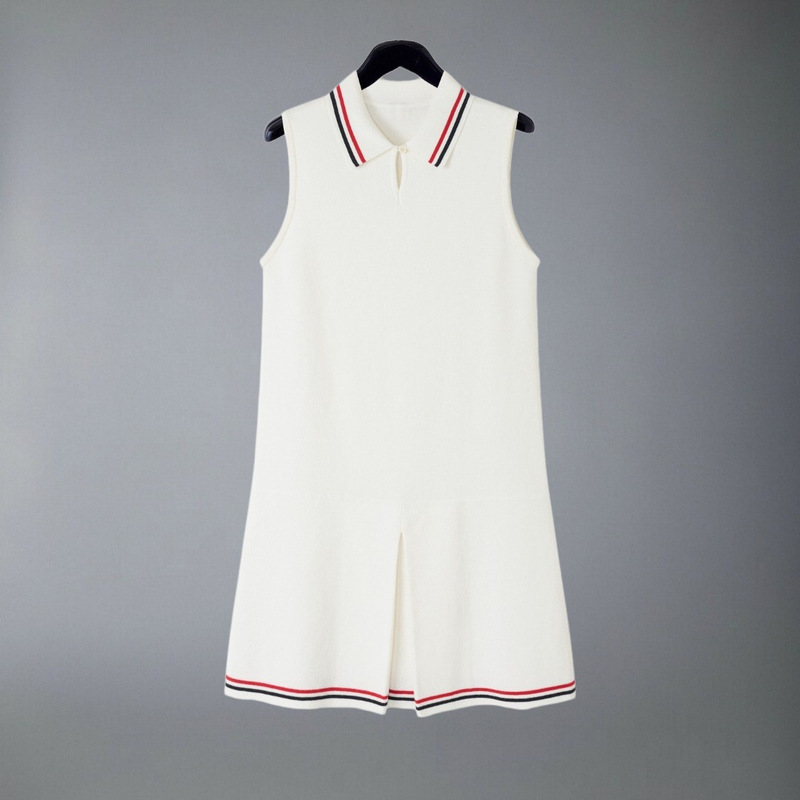 Tb Women's Dress in Red, White, and Blue Color-Blocking V-Neck Sleeveless Knitted Wool College Style Versatile Slim-Fit Tank Dress