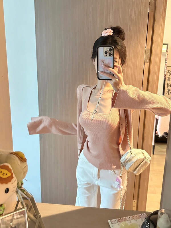 针织开衫外套两件套装女春秋长袖挂脖吊带背心上衣|undefined