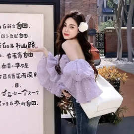 慵懒风泡泡袖紫色一字肩法式衬衫女夏季小马设计感小众小个子衬衣