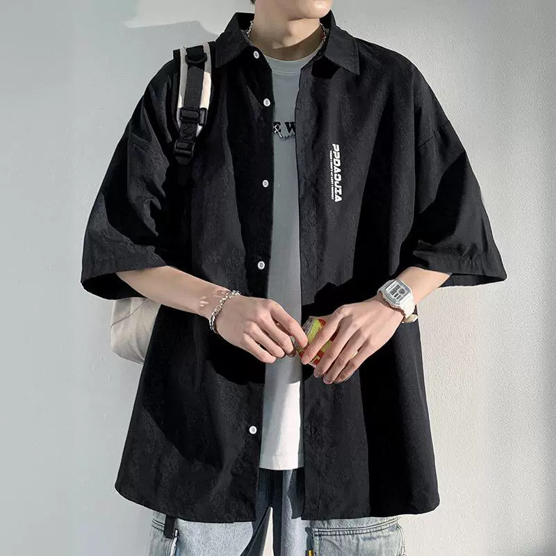 Summer Men's Short-sleeved Shirt Japanese Style Trendyy Ice Silk Shirt Jacket Trendy Brand Casual Thin Boys' Top Loose