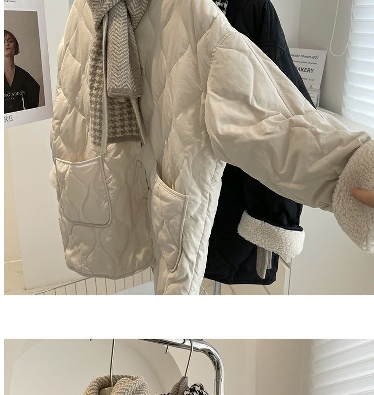 Collarless lamb wool splicing light and thin winter Korean version loose small fragrant dia plaid warm cotton jacket_voghion.com