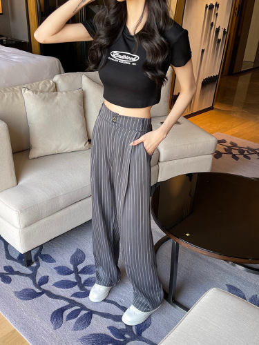 Women's Loose Striped Summer Suit Pants with Drape, Casual Long Trousers, Korean Style, Trendy High-Waisted Wide Leg Straight Leg Slimming