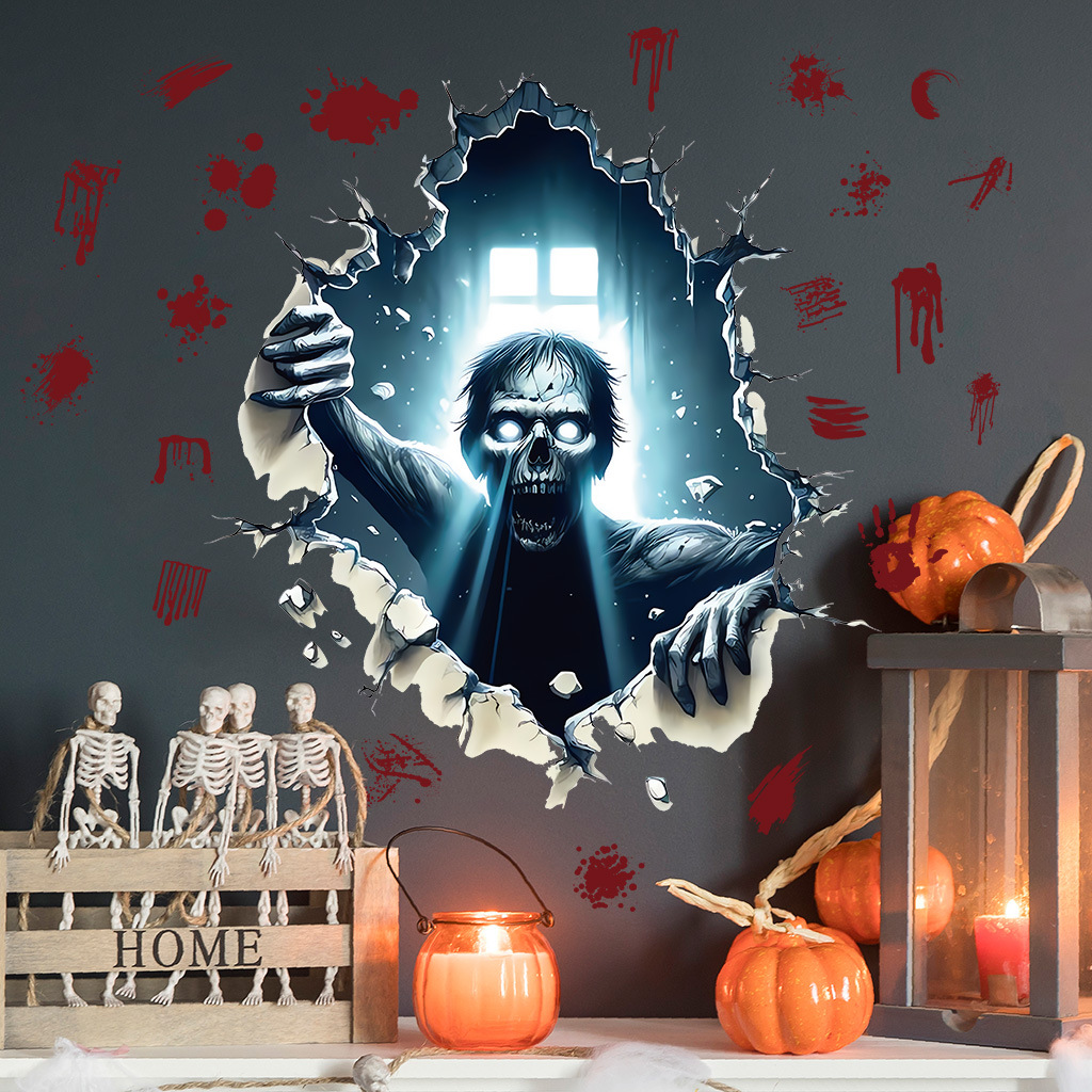 2025 New Halloween AFH1451 Broken Wall Terror Zombies Climbing Window Wall Stickers Waterproof and Oil-proof Stickers Removable