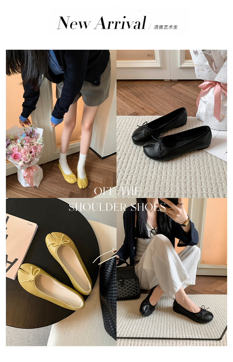 Giày ballet nữ da cừu mũi tròn nơ bướm đế bệt mềm mại — đen chi tiết 2
