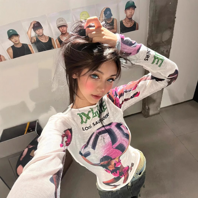 Cross-border European and American color modern printing football girl low pixel micro-transparent cool base shirt sunscreen long sleeve T-shirt