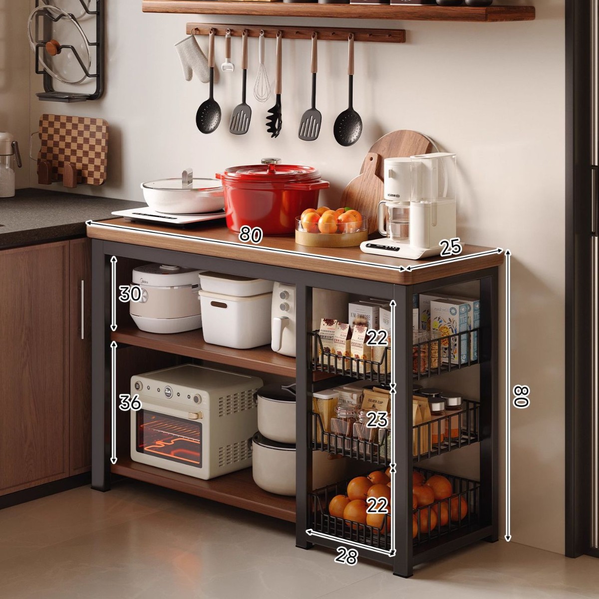 Estante de cocina, canasta de verduras multifuncional, banco de trabajo para cortar verduras, olla de microondas, armario de lado estrecho, mesa multicapa
