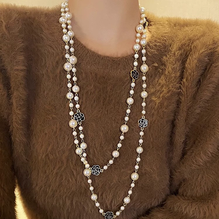 Long Pearl Necklace, Four-Leaf Clover Charms, Sweater Chain Style, 1.5 m Options