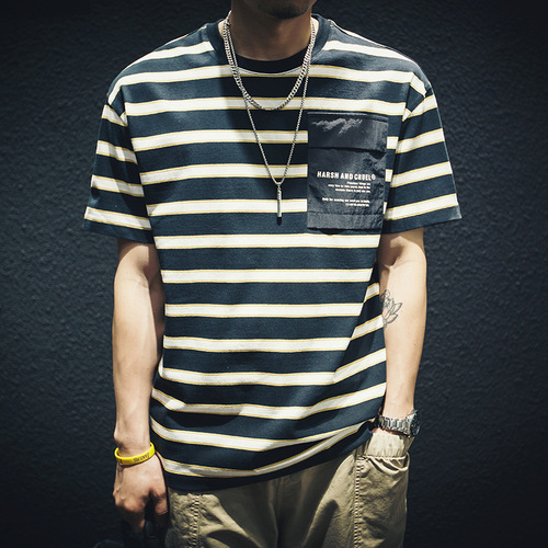 Trendy Summer Striped Short-Sleeve T-Shirt for Men, Loose Fit, Instagram-Worthy, Plus Size, Versatile Top – Perfect for Oversized Frames