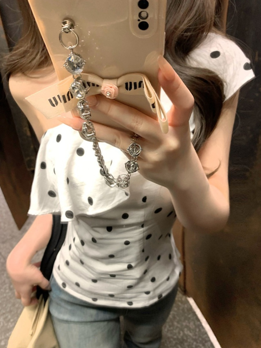 French-style Ruffled Wave Dot Slant Shoulder Short-sleeved Vest Women's Summer Slim-fit Design Sweet Spice Chic Outer Wear Top