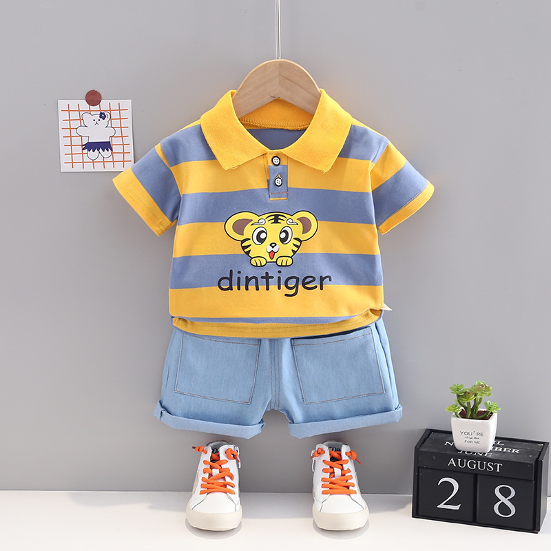 1--4歲男童寶寶夏季套裝條紋老虎Polo衫短袖短褲兩件套潮批發外貿