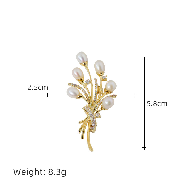 Elegante temperamento perla de agua dulce bronce pectoral abrigo accesorios de vestido Zircon incrustado de alta calidad pin ramo joyas para mujeres image 6