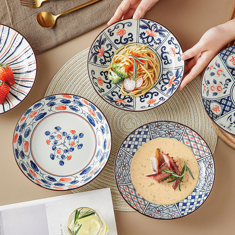 Ceramic round plate 8-inch salad plate retro tableware sushi dish fruit plate deep plate fish plate pasta plate