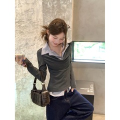 实拍美式学院假假两件长袖T恤女秋冬新款小众设计感修身上衣88298
