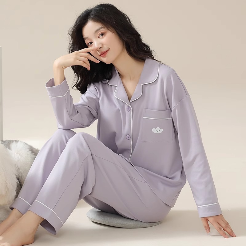 봄과 가을 긴팔 파자마 여성용 카디건 바지 순면 고급 단색 플러스 사이즈 겨울 세트 여성용 홈 옷