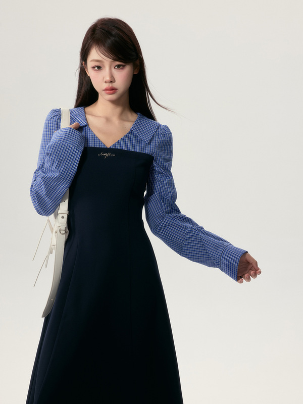 一颗小野莓假两件长袖连衣裙女秋季韩版气质收腰显瘦格子拼接长裙|undefined